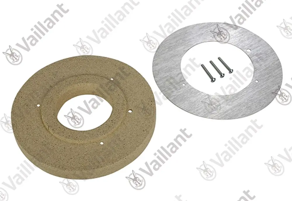 Vaillant Isolierplatte aus starkem Material, kreisförmig mit zentralem Loch, umgeben von einer metallischen Platte. Zubehörteile wie Schrauben sind enthalten.